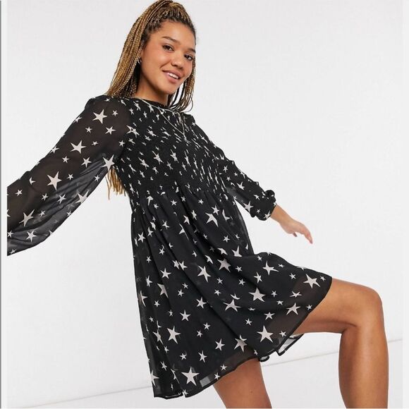 Asos Design Shirred Smocked Star Print Mini Dress Black & White Sz 10 - Picture 2 of 11